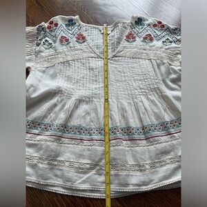 Anthropologie Cream Blouse with Red and Blue Embroidery